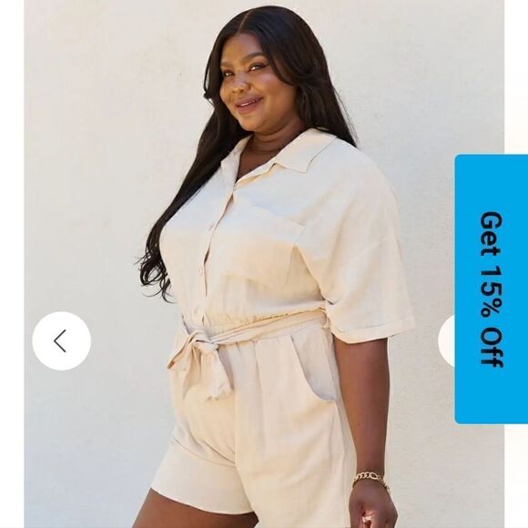 Collared Spring Summer Button Down Shirt Belts Romper in Cream - Picture 2 of 12